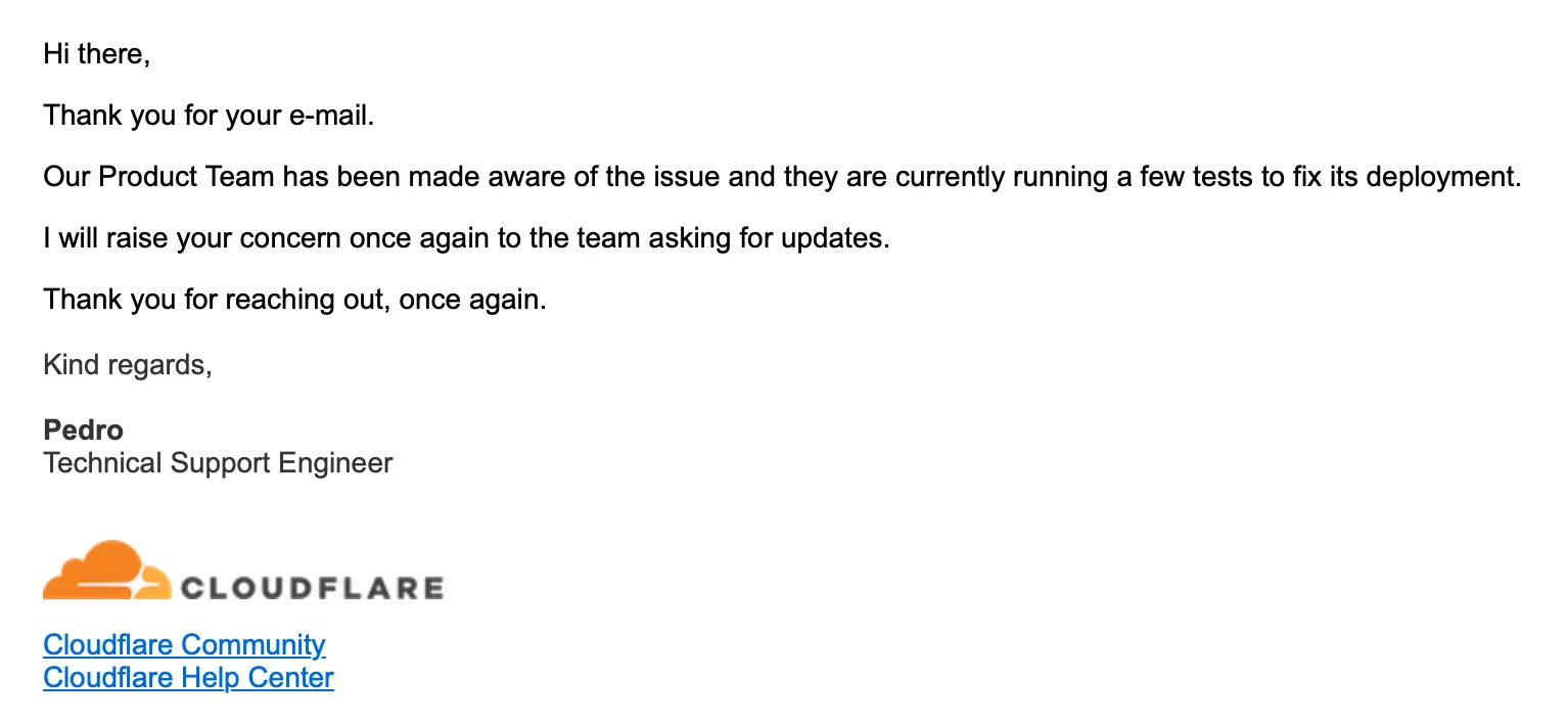 Cloudflare reply screenshot